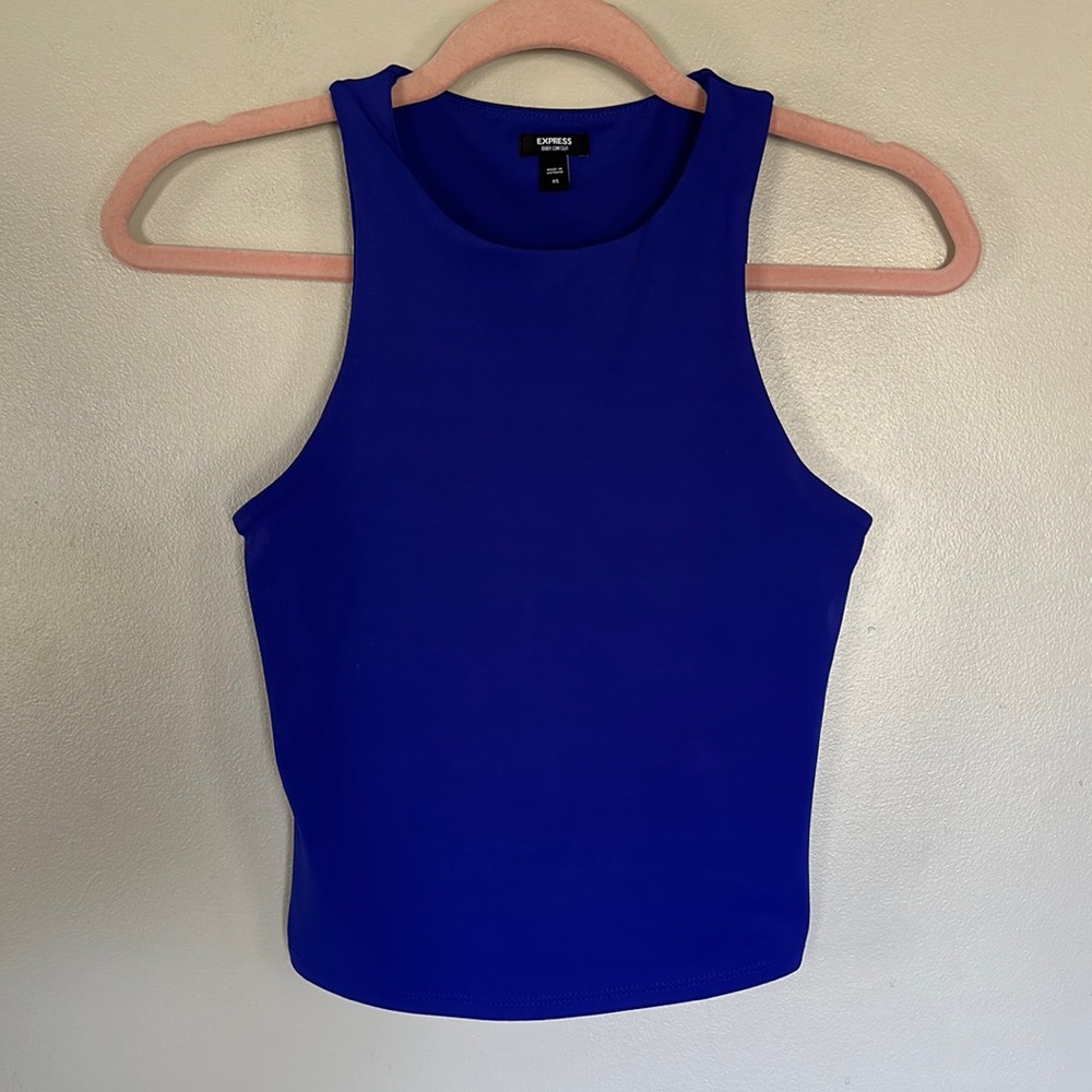Express Body Contour High Compression High Neck Cropped Tank - Blue - XS